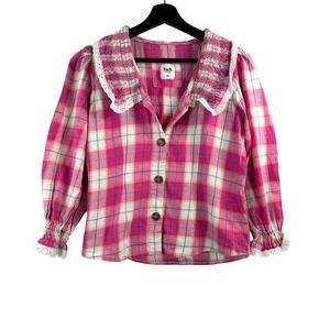 Tach Clothing Button Down Blouse sz XS Pink Plaid Lace Flannel coquette